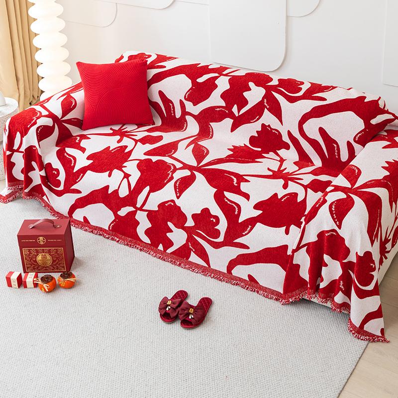 Bright Red One-Piece Sofa Cover Festive Holiday Wedding New Year Housewarming Universal Full Covered Cushion Towel 180*130cm