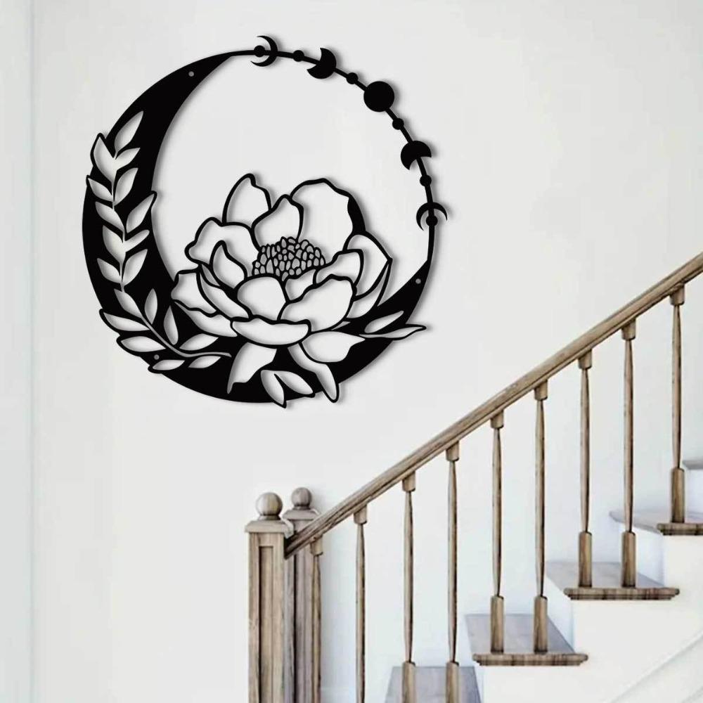 Elegant Metal Flower Moon Wall Art Outdoor Garden Sculpture Terrace Railing Decoration Living Room Balcony Indoor Home Decor