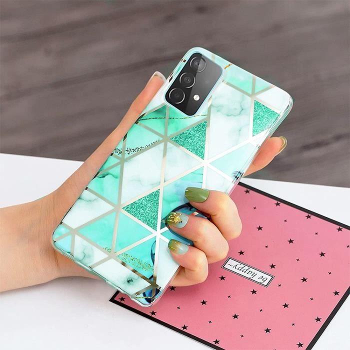 Coque Bandoulière pour Samsung Galaxy A32 5G Protection Antichoc à Motif Marbre Turquoise