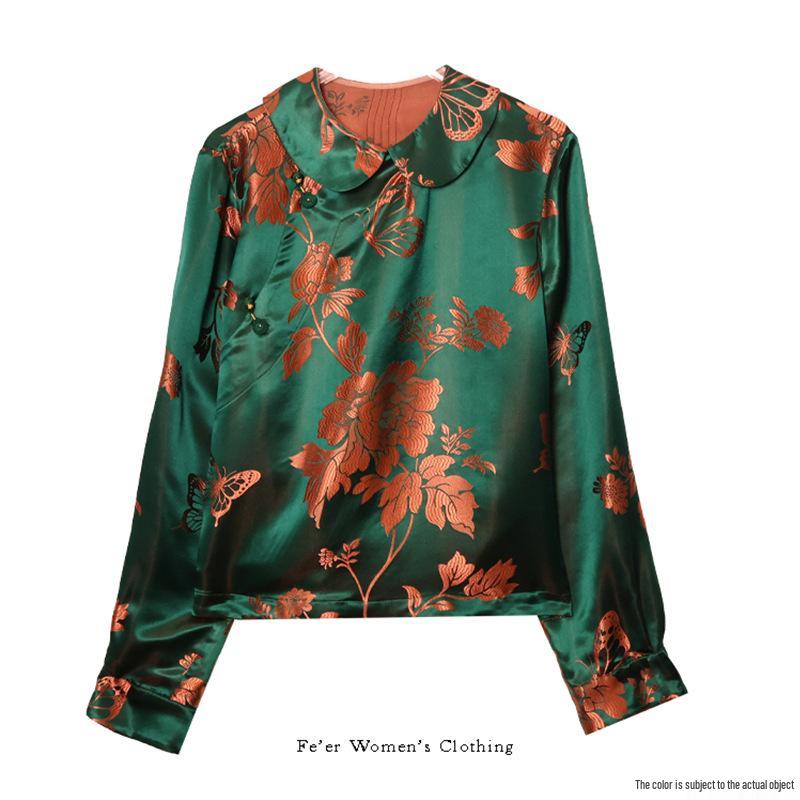 

976 Женская шелковая атласная рубашка с воротником Питер Пэн - Размеры S-XL, Без возврата/обмена M зелёный