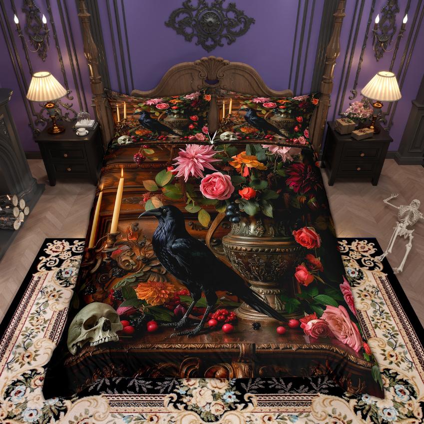 Homewish Halloween Crow Duvet Cover Set Botanical Plant Bedding Set Hippie Floral Flower Bed Set