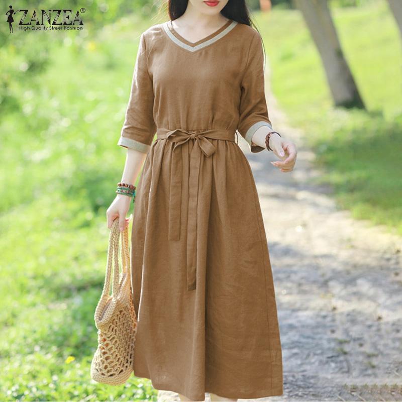 

ZANZEA Женщины Повседневный V-образный вырез Половина Рукав Хлопок Летнее платье