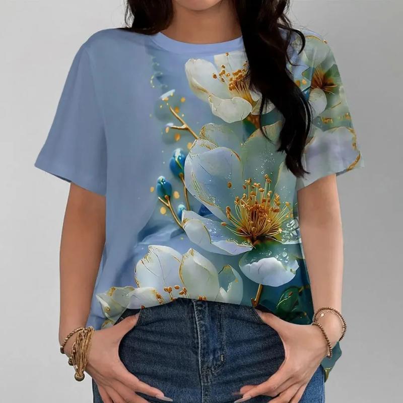 3D Flower Color Printed Crew Neck T-Shirt Flower Short Sleeve Fashion Women's Crew Neck Short Sleeve Tops Daily Wear