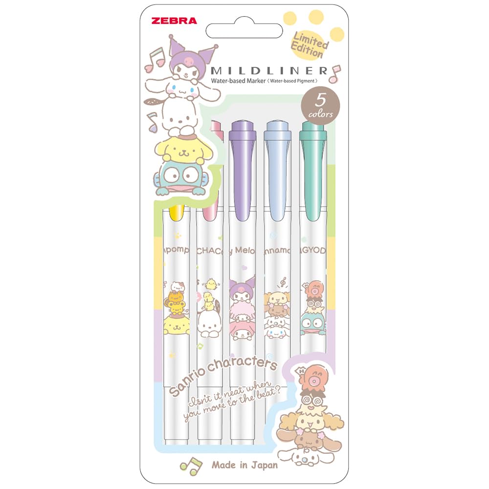 Zebra Sanrio Mildliner Highlighter Vertical Pens, Adhesive, 5-Color Set, WKT7-SV-5C