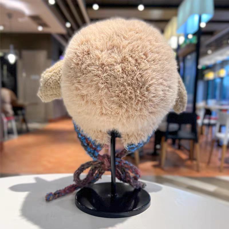 Simpatico Cappello di Peluche in Lana d'Agnello - Autunno/Inverno da Donna Caldo con Lacci Lavorato a Maglia Protezione Orecchie Versatile Pullover.