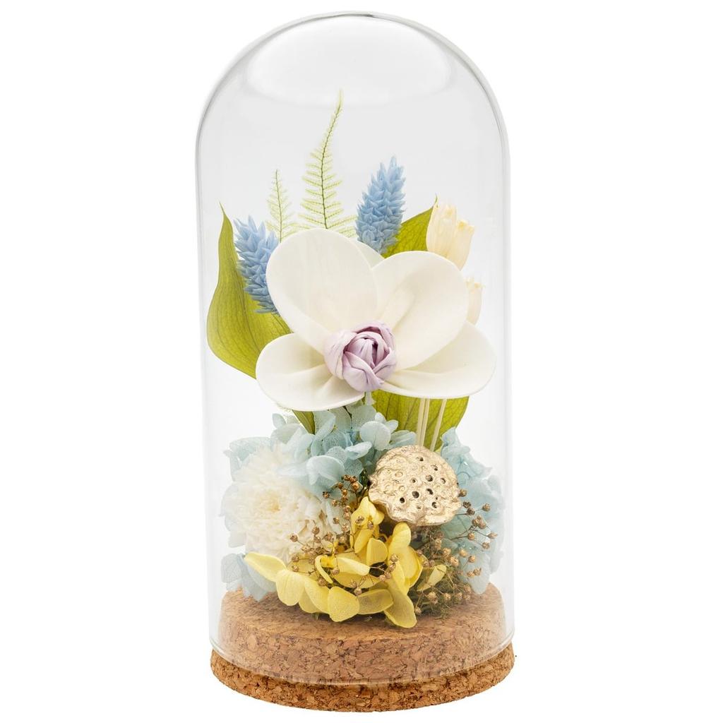 Mirai Agris PD Collection Preserved Flowers in Glass Dome Blue L Size, Japanese Buddhist Altar Floral Memorial Tribute Orchid and Mum