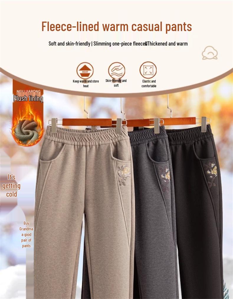 Plus Samt Elastische Taille Gerade Hosen für Mittleren Alters und Ältere Frauen von Mama - Winter Verdickt Lässige Hosen