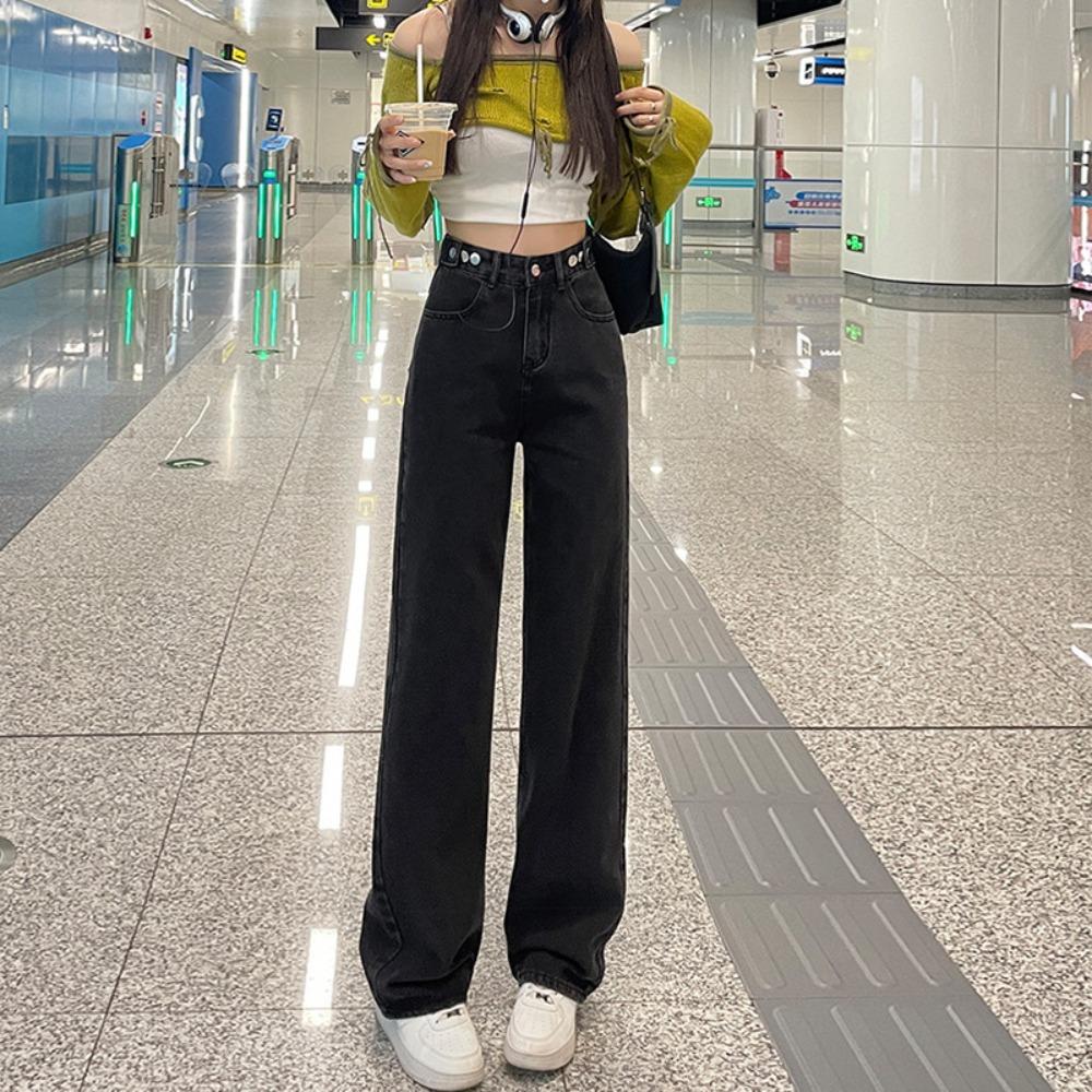Loose Adjustable Wide-leg Jeans Women's 2025 Autumn and Winter New High-waisted and Thin Straight Jeans