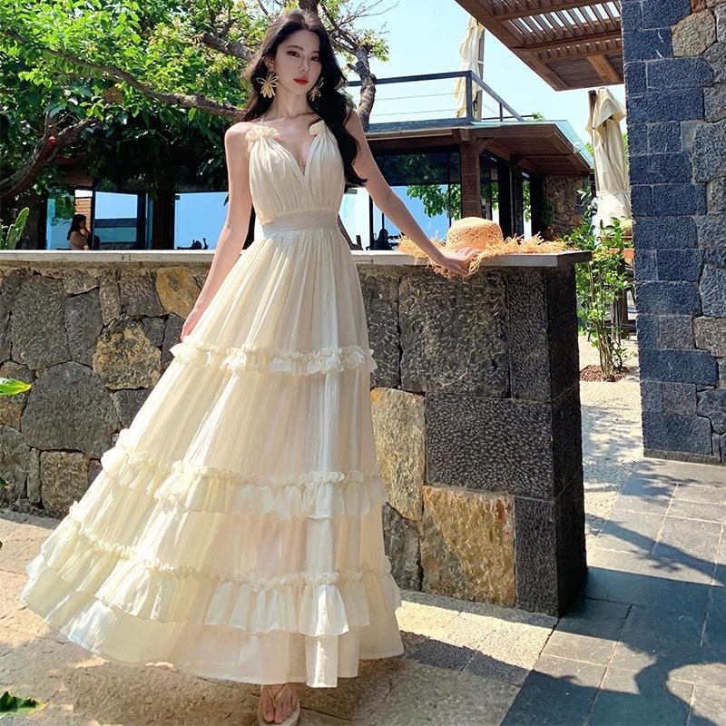 New Tyrande Cotton and Linen, Cake Skirt Collar Waist and Thin Backless Suspender Nanfa Neck Dress