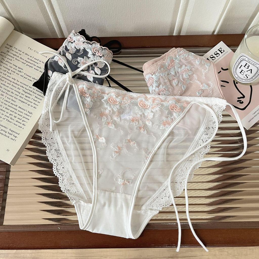 Blooming Mist French Lace Tie-Up Panties: Side Lace-Up, Breathable Cotton Crotch, Triangle Briefs