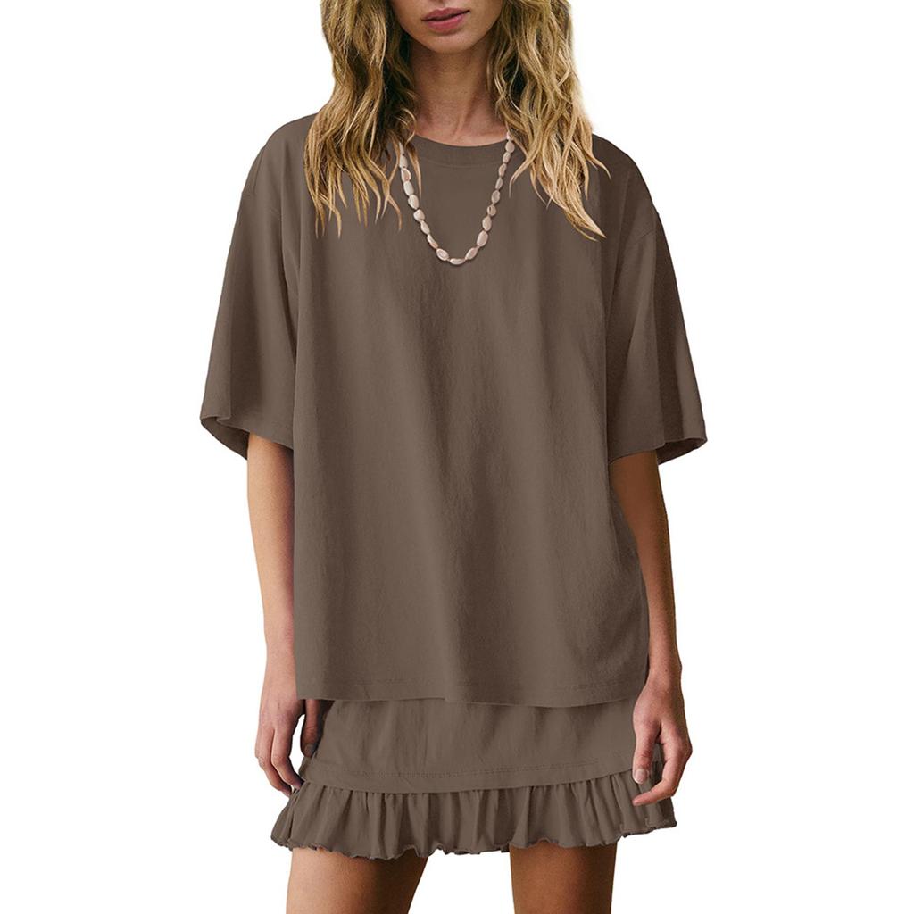 Women's Fashion Solid Color Round Neck Short Sleeved Top And Skirt Two-piece Casual Set