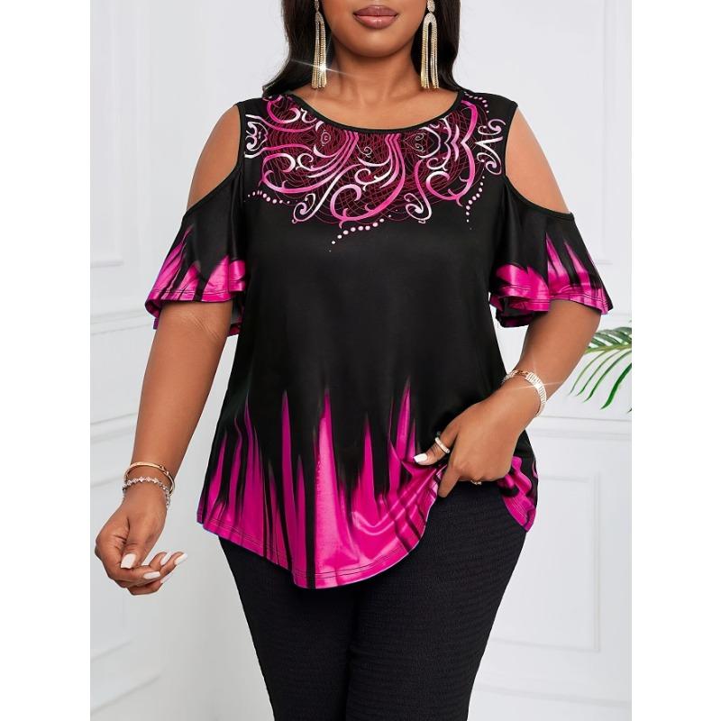 Plus Size Womens Short Sleeve Round Neck Off Shoulder Gradient Print T Shirt