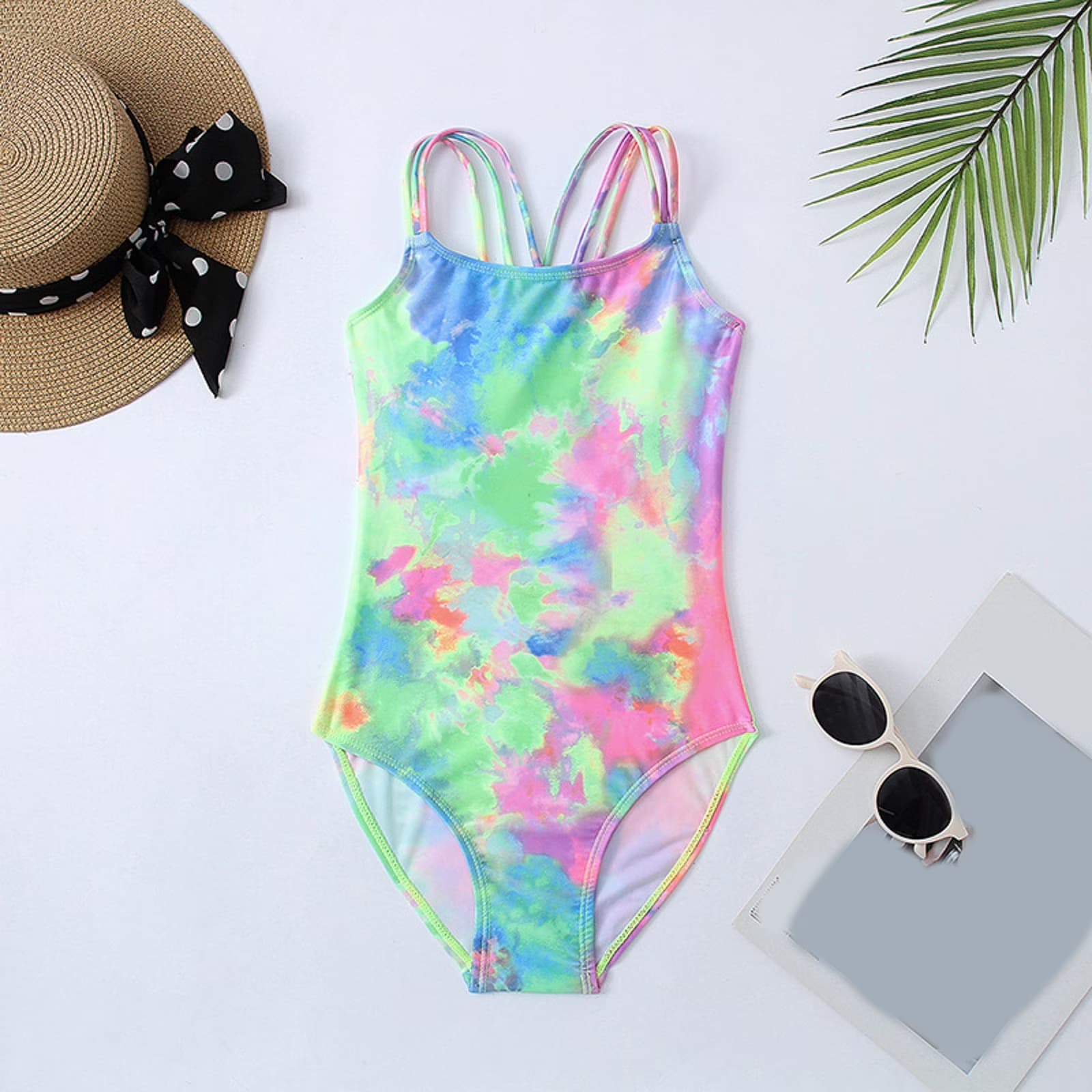 Girls One Piece Swimsuit Tie Dye Gradient Print Casual Summer Beachwear Adjustable Straps Comfortable Fit 150
