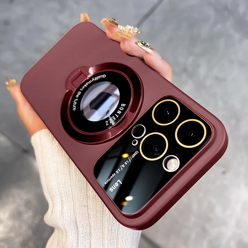 Slim Matte PC Bracket Case For iPhone 15 14 13 12 11 Pro Max 14 Plus For Magsafe Stand Holder Glass Lens Protector Luxury Cover