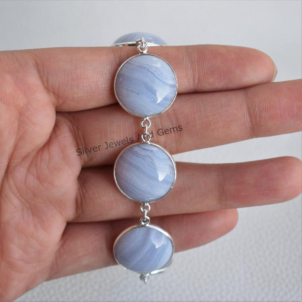 Blue Lace Agate Bracelet, 925 Sterling Silver Bezel Bracelet, Wedding Gift, Round Agate Bracelet, Handmade Bracelet, Gift for her