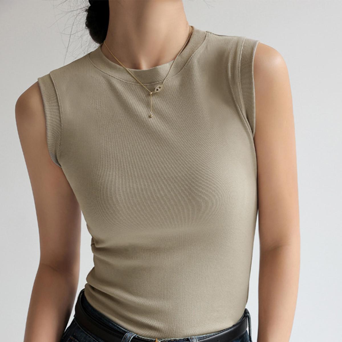 Женские топы из хлопка с круглым вырезом, базовые цветные безрукавки, майки, топы, футболки S хаки