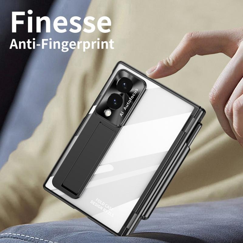 For Samsung Z Fold 8 Ultra / 7 6 5 4 3 Transparent Plating PC Hinge Protection Full Body Stand Pen Slot Case with Tempered Glass