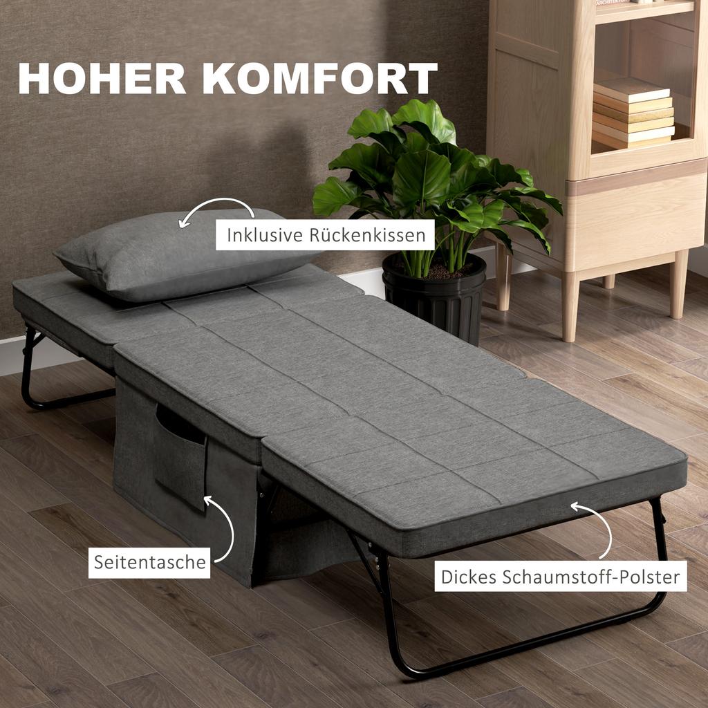4-in-1 Folding Bed, Guest Bed, Height-Adjustable, Mattress, Side Pockets, Metal Frame, Gray, 188 X 75 X 38 Cm