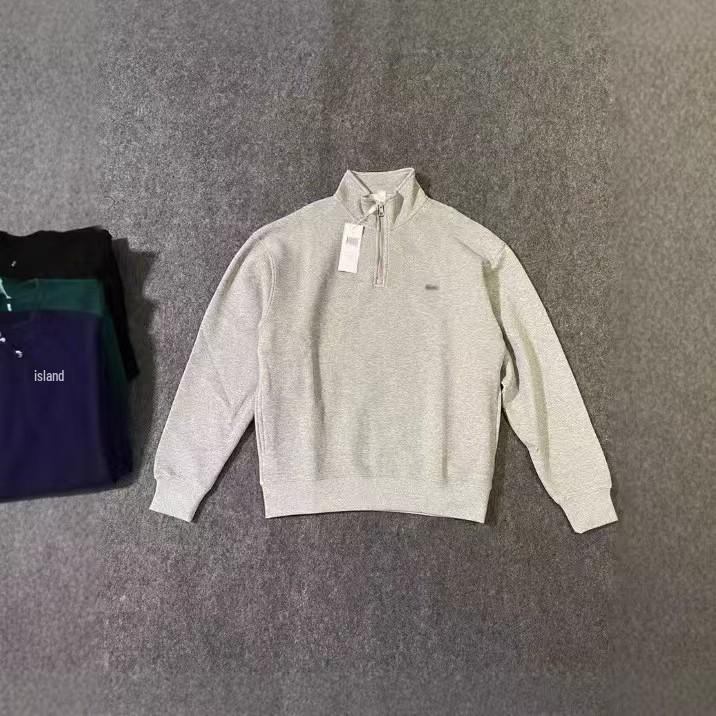 Men's Autumn 2025 Solid Color Embroidered Fish Logo Half-Zip Cotton Sweatshirt with Stand Collar