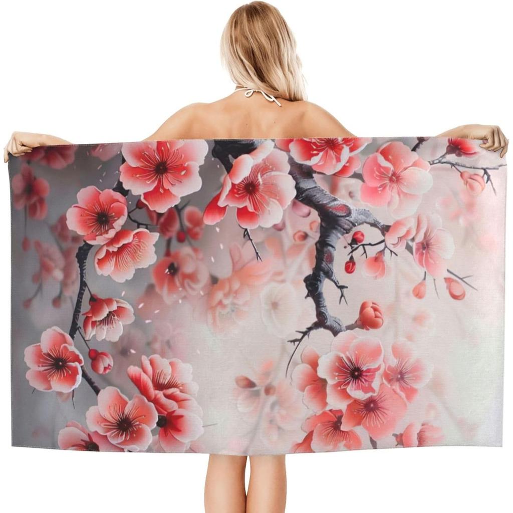 Plum Blossom Print Beach Towel – Soft Microfiber, Absorbent, Quick-Drying for Pool, Beach, Bathroom, Travel – Premium for Adults