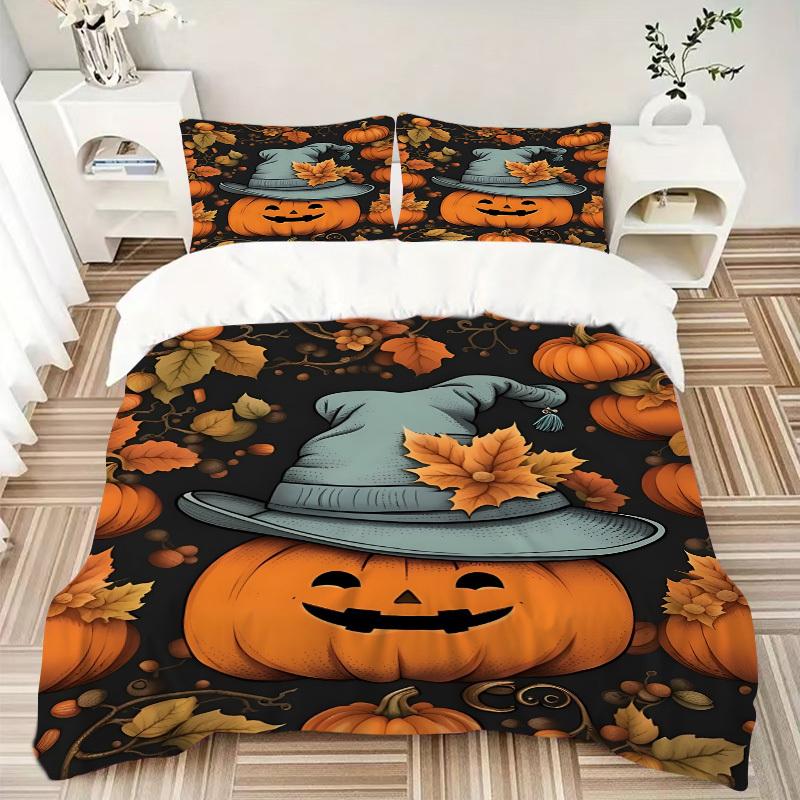 3pcs Halloween Pumpkin Duvet Cover Set - Machine Washable, Includes 1 Cover and 2 Pillowcases, No Core Included yy251013082