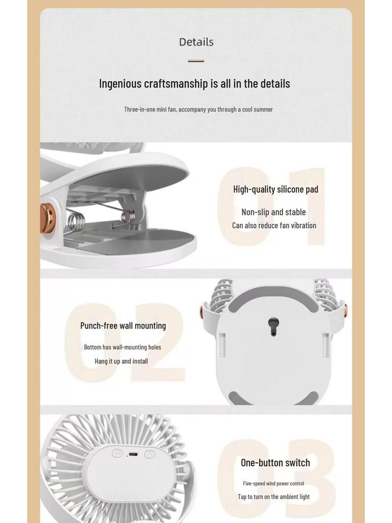 Portable Rechargeable Silent Night Light Mini Clip-on Fan for Desk, Dorm, Stroller, or Bed