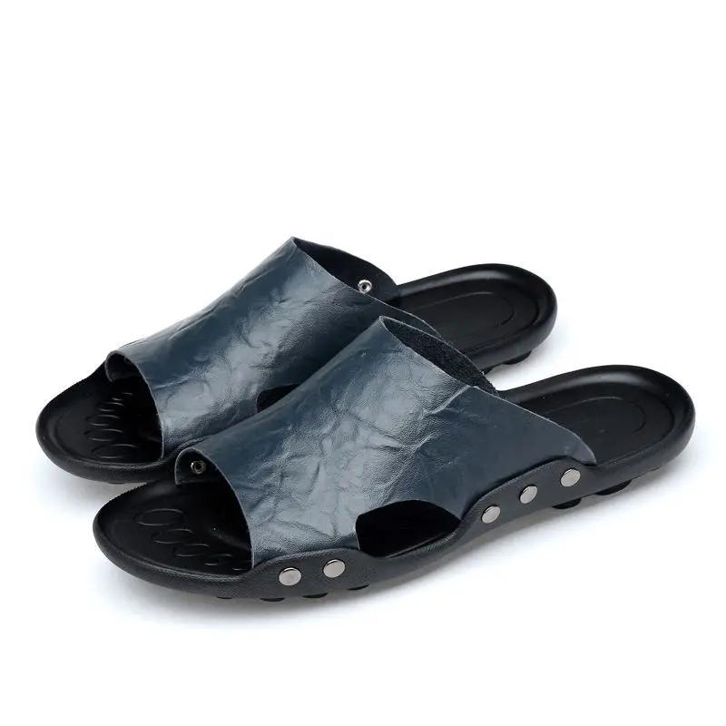 Fashion Lazy Men's Shoe House Beach Platform Slides Indoor Walk Around Home Genuine Leathe Pvc Fun Casual Elegant Y2k Adult Male Slipper