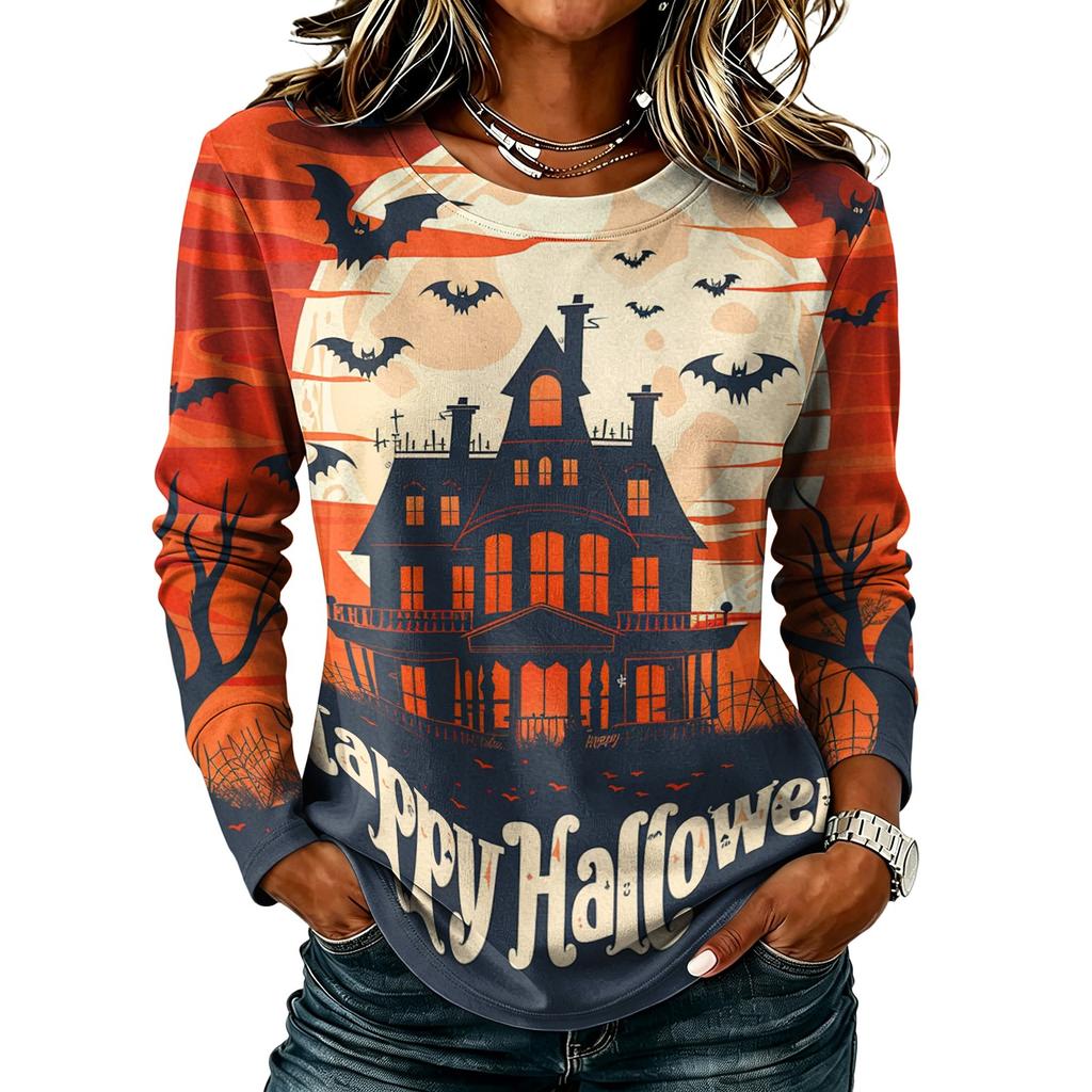 Women's Casual Long Sleeve Halloween Print T-Shirt Round Neck for Fall Parties