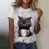 Cute Cat Printing Women's T-Shirts Fashion Top Casual Short Pullover Sleeved Teacup Pattern O-Neck Tee Shirt Female Clothing