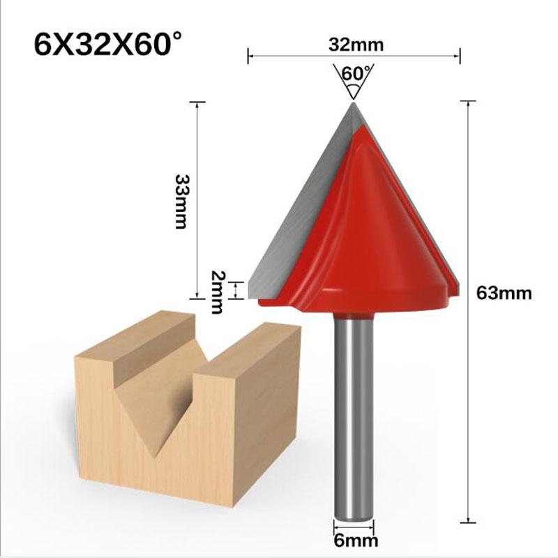 

1 шт. 6 мм V бит с ЧПУ, твердосплавная концевая фреза, вольфрамовая сталь, деревообрабатывающий фрезерный станок, 3D фреза для дерева, МДФ, 60, 90, 120, 150 градусов 6*32*60 красный