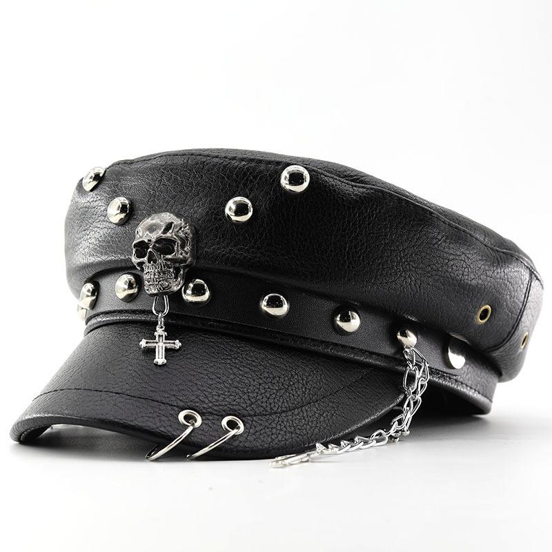 

Trendy Punk Style Rivet Military Hats Women Leopard Print PU Leather Hip-hop Flat-top Hat Vintage Spider Skull Navy Army Cap Men 56-59cm