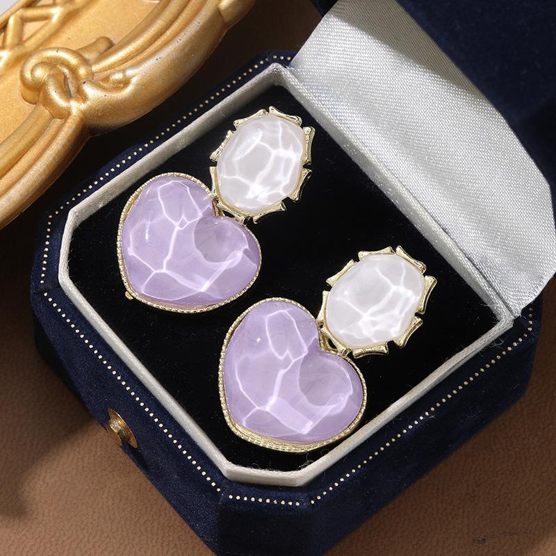 Autumn and Winter Blue Color-Block Water Ripple Heart Vintage Geometric Peach Heart Unique Light Luxury Design Earrings