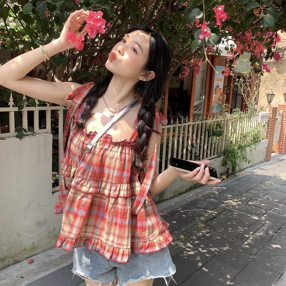 French design sense red plaid suspender vest women's summer new loose and thin age-reducing sleeveless short top