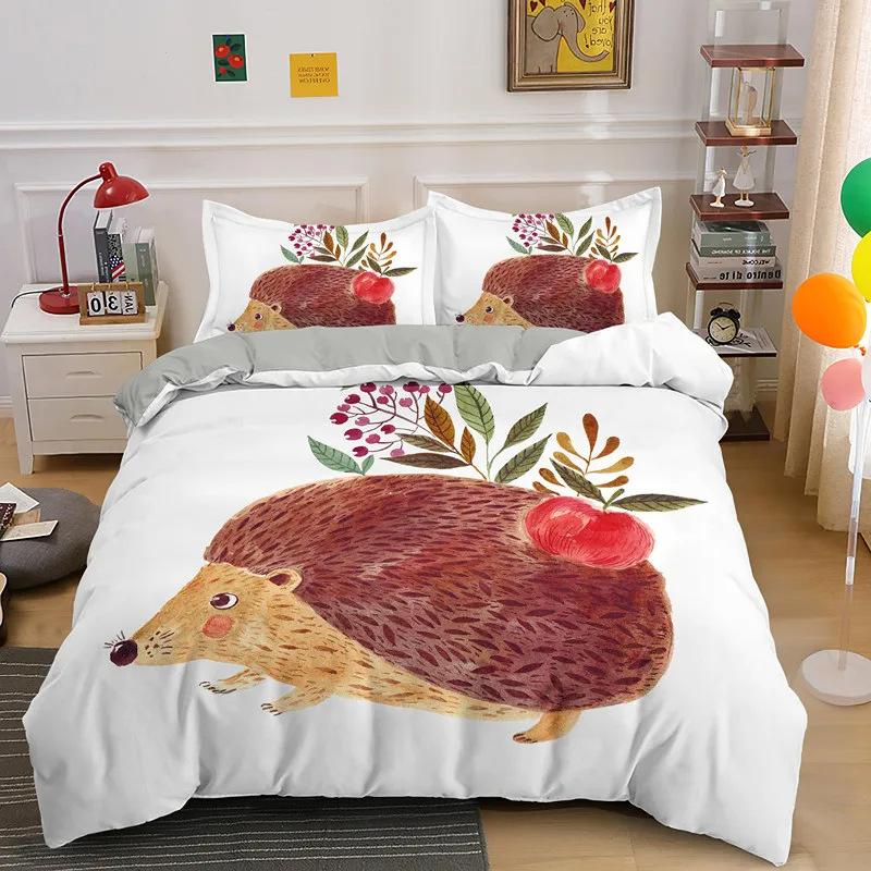 Cartoon Hedgehog Duvet Cover Set With Pillowcase Cute Animal Bedding Quilt Cover Three-Piece Set