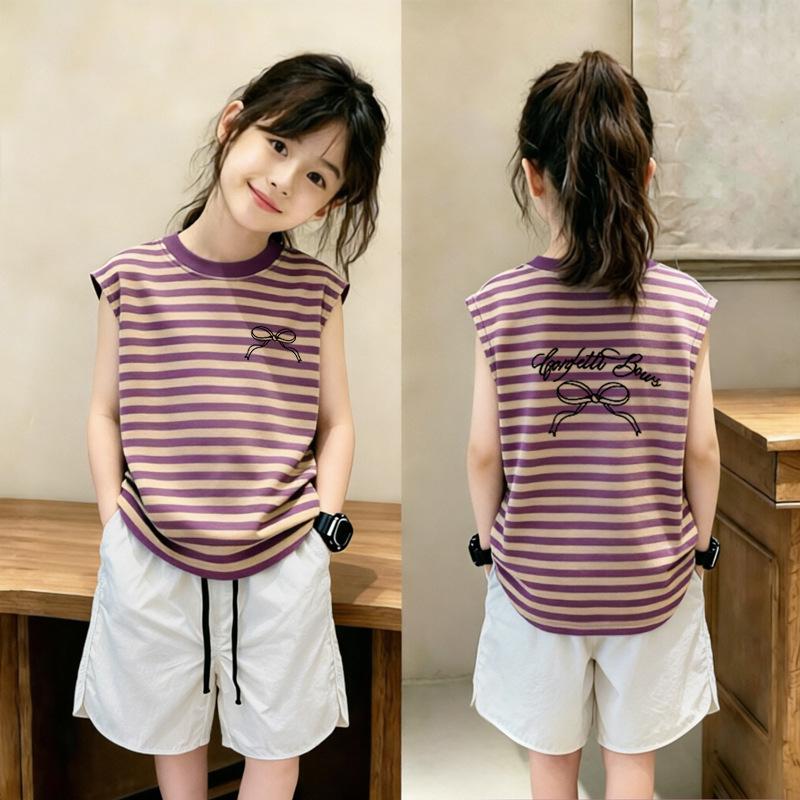 New Stylish Girls' Patchwork Stripe Sleeveless Tank Top Set - Medium & Large Sizes for Casual Summer Wear