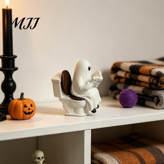 Ghost Reading on Toilet Cute Halloween Figurine, Resin Statue, Spooky Table Decor Funny Ornament for Tiered Tray Tabletop Mantel Gift