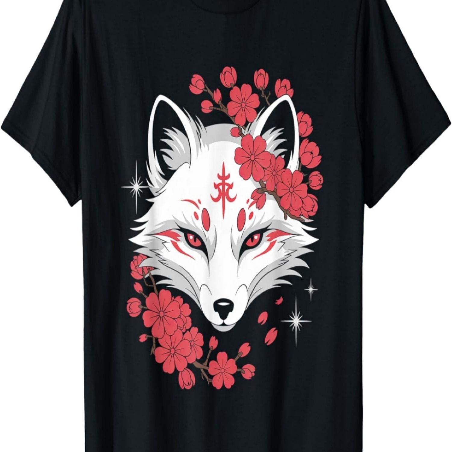 кицунэ белая лиса аниме кавайи цветок сакуры Футболка(1) S чёрный