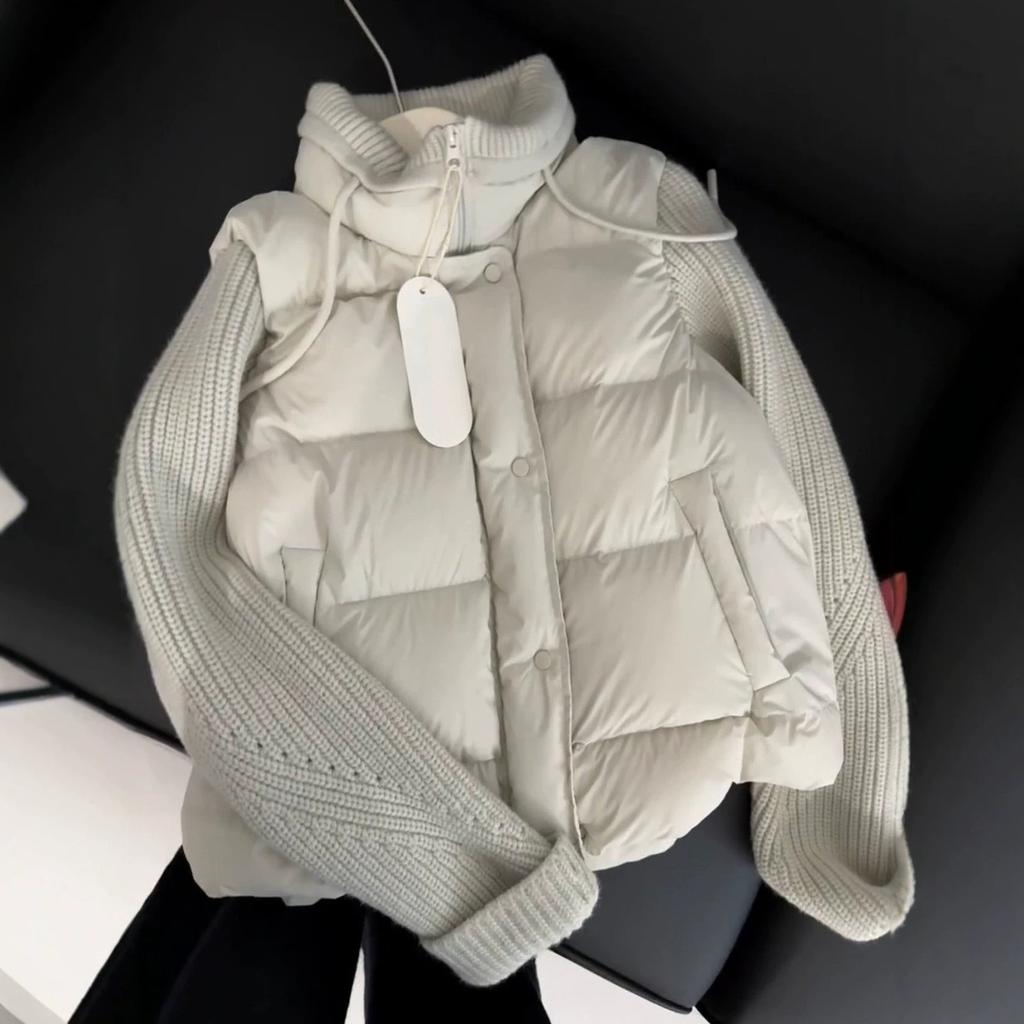 Winter new big-looking stand-up collar splicing knitted sleeves white duck down jacket short jacket women
