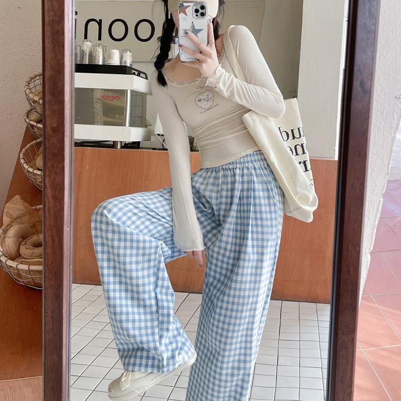 Women's Summer Dopamine Relaxed Lazy Thin High-End Contrast Color Plaid Straight-Leg Drapey Casual Wide-Leg Pants