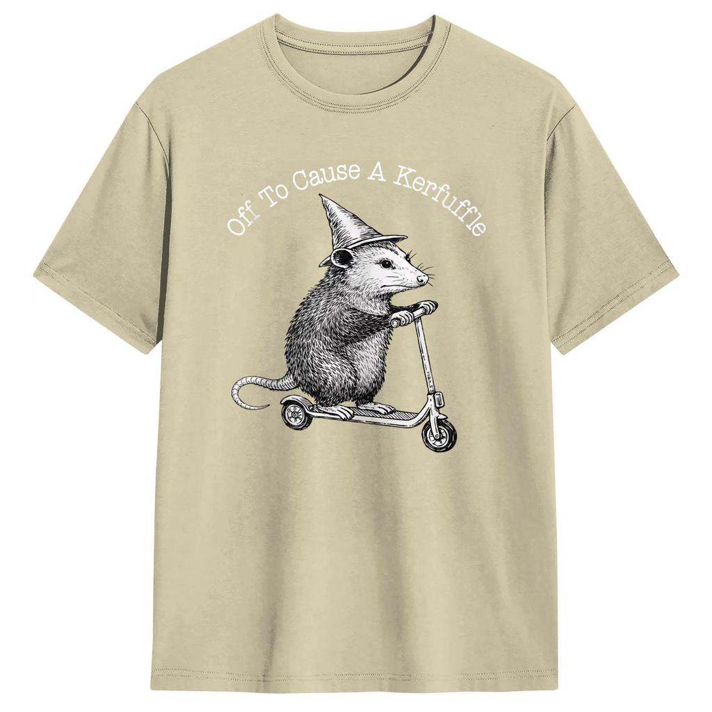 Unisex Women TShirt Off to Cause A Kerfuffle Funny Opossum Riding Scooter T Shirts Leisure Summer Tees Vintage Cotton Clothes