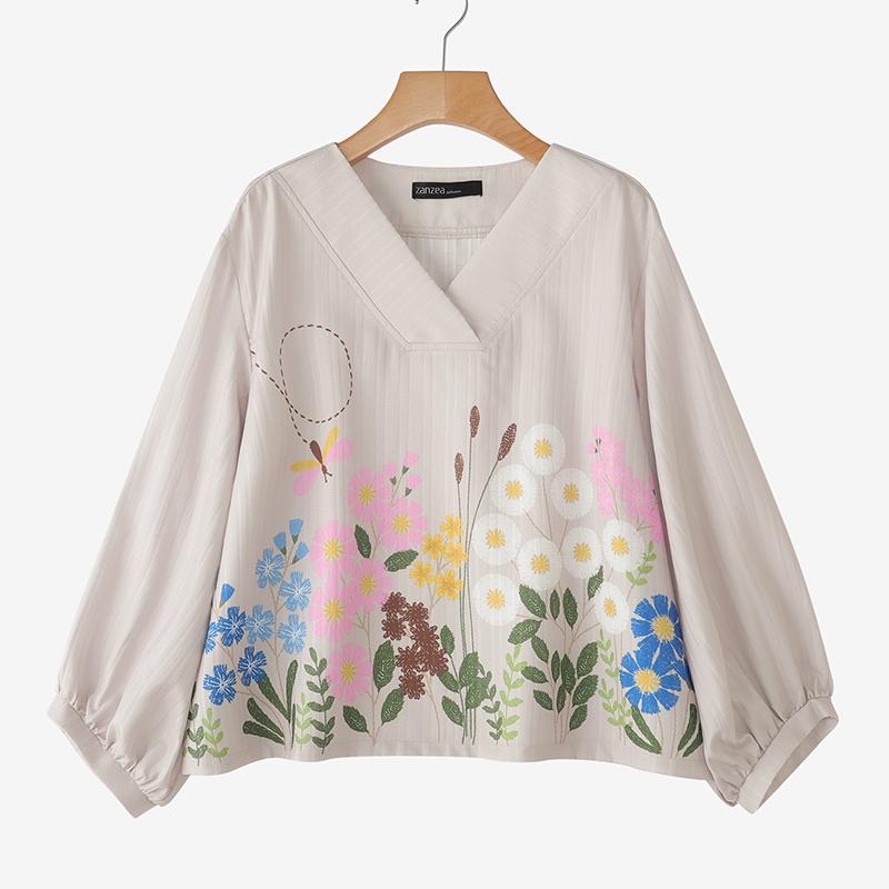 ZANZEA Women Casual V-Neck 3/4 Sleeve Loose Floral Blouse