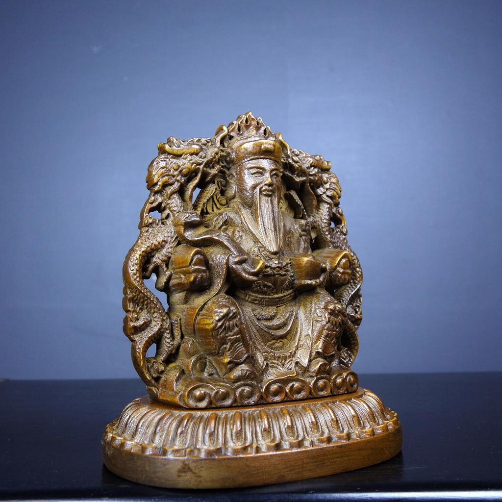 Chinese Boxwood Carved God of wealth Buddha Two-sided Statue Carving Dragon