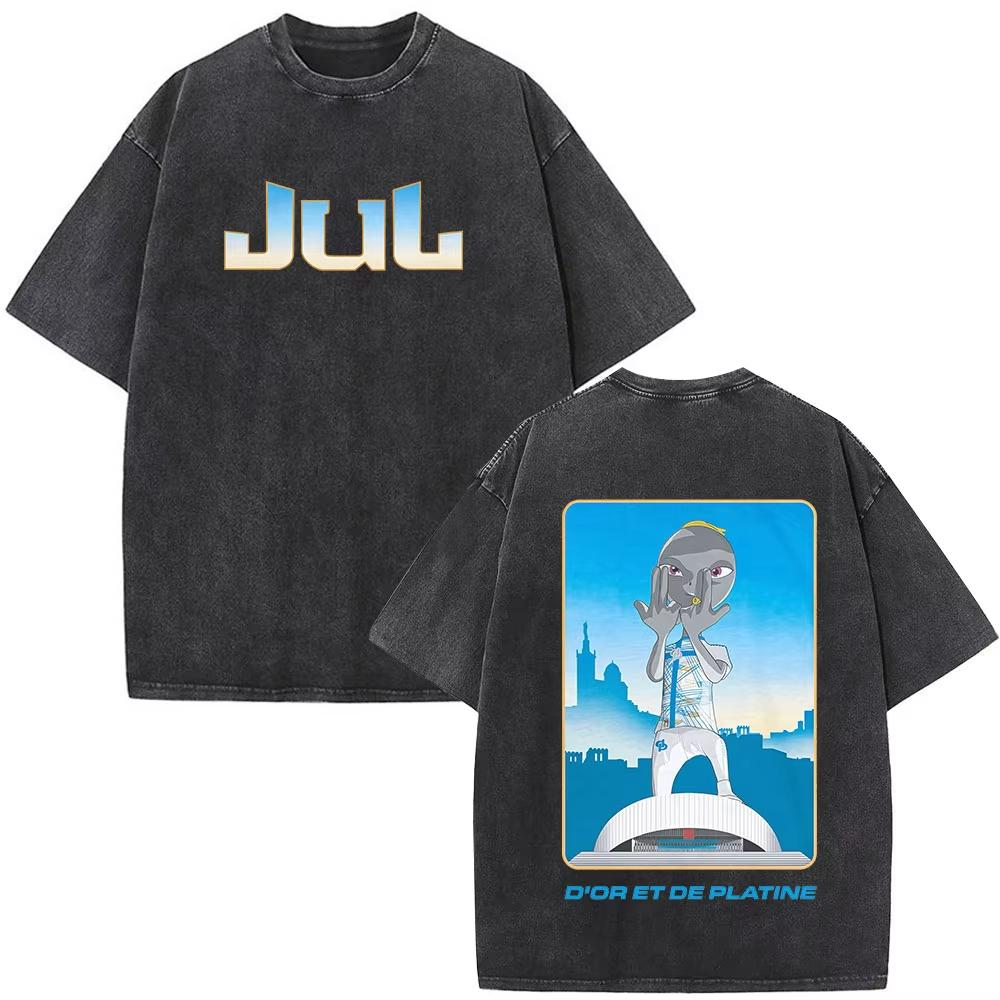 French Rapper Jul Album Merch Vintage Washed T Shirt Mens Clothing Cotton Casual Tshirts Fashion Hip Hop Short Sleeve Tshirts