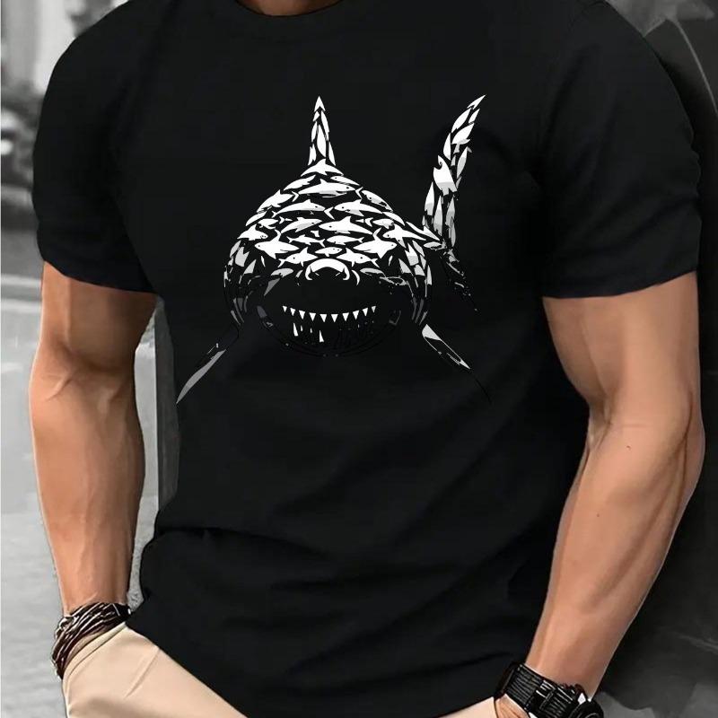 Men s pattern T-shirt white, bold shark design 2XS