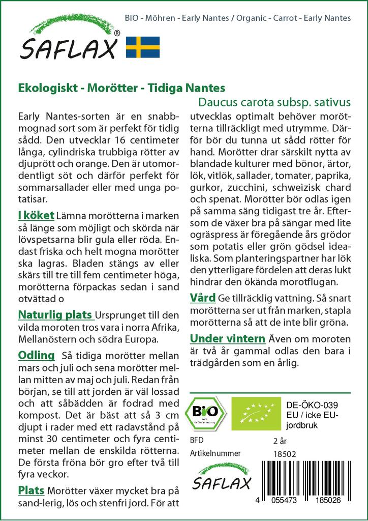 SAFLAX Garden In the Bag - Organic - Carrot - Early Nantes - 1500 Seeds - With Substrate In a Fitting Stand Up Bag - Daucus Carota