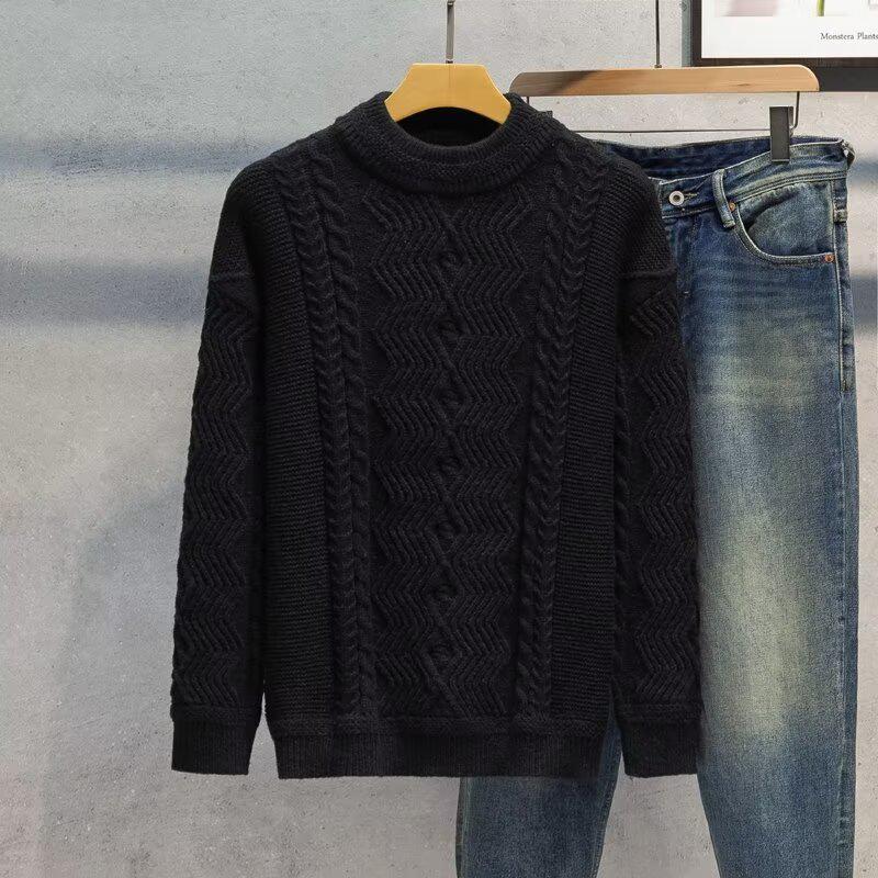 

Летний стильный свитер с круглым вырезом и кабельным узором – Свободный крой, Однотонный, Универсальная шерстяная смесь 2XL чёрный