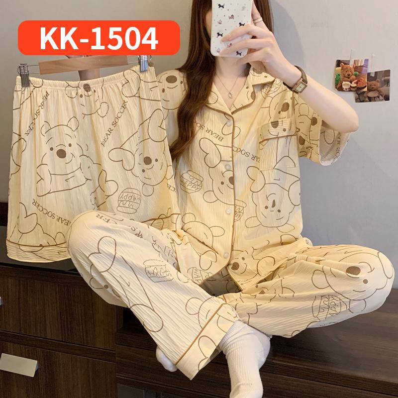 Sweet Striped Bow Print Korean Style Crinkle Pajamas Set for Women - Three-Piece, Short Sleeve Homewear.