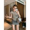 Striped Slim-fit Front Shoulder Short-sleeved T-shirt Women's Summer New Small Spice Girl Short Bottoming Shirt Tide