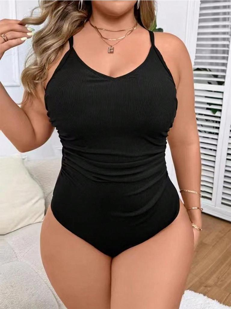2026 Plus Size European & American Black Backless Slimming One-Piece Swimsuit for Women
