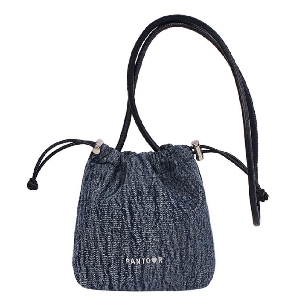 

Large Capacity Vintage Handbag Y2K Solid Crossbody Bag Drawstring Denim Canvas Bag Girl темно-синий